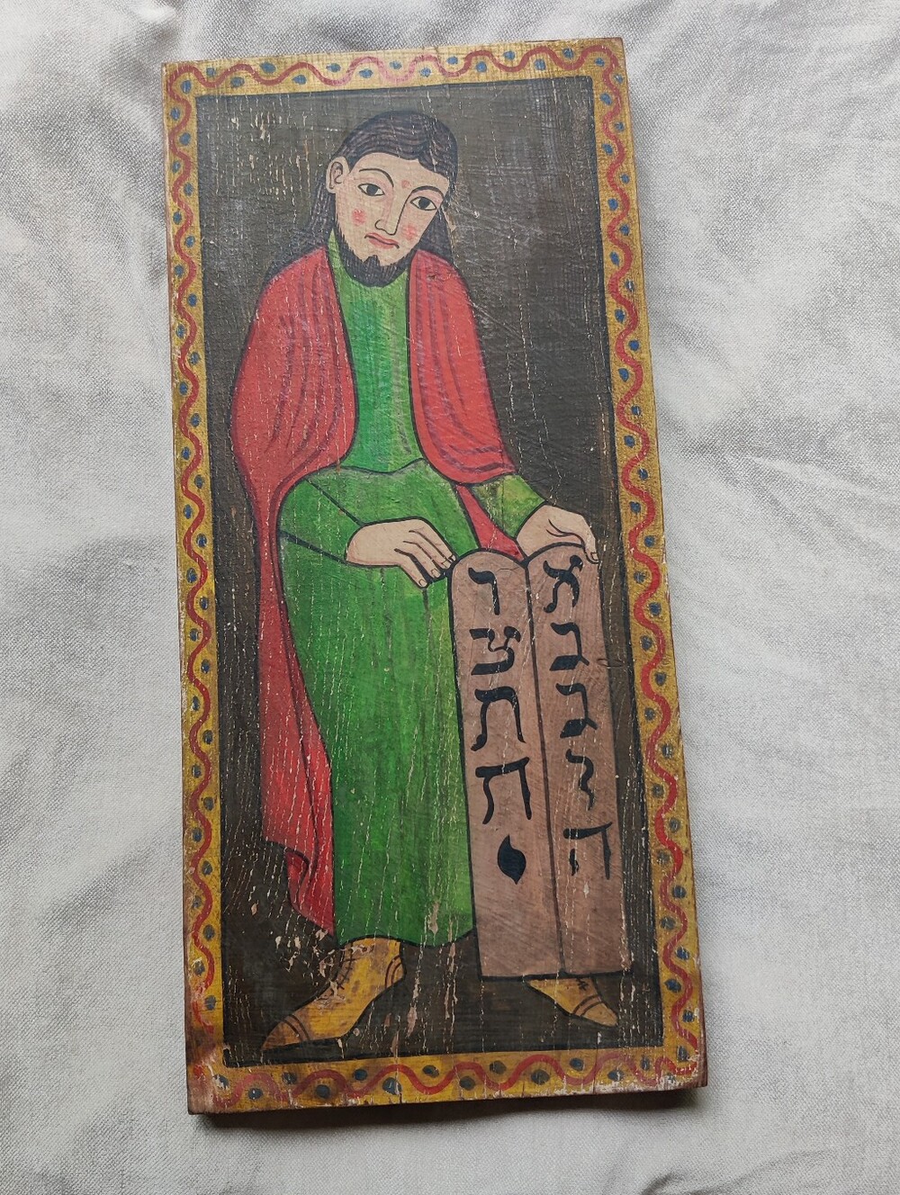 Moses & Ten Commandments Retablo Handpainted Wood Panel Spain 25x11x1" Religious